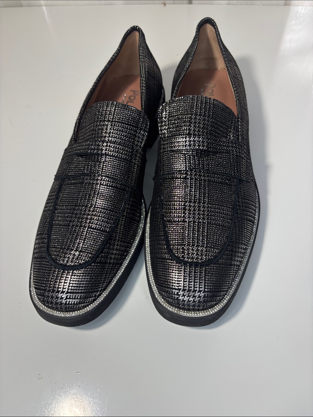 Black Textured pollini made in Italy Loafers silver rhinestone around the bottom